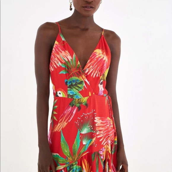New Farm Rio Red Macaw Bird Print Wrap Dress M - Picture 4 of 15